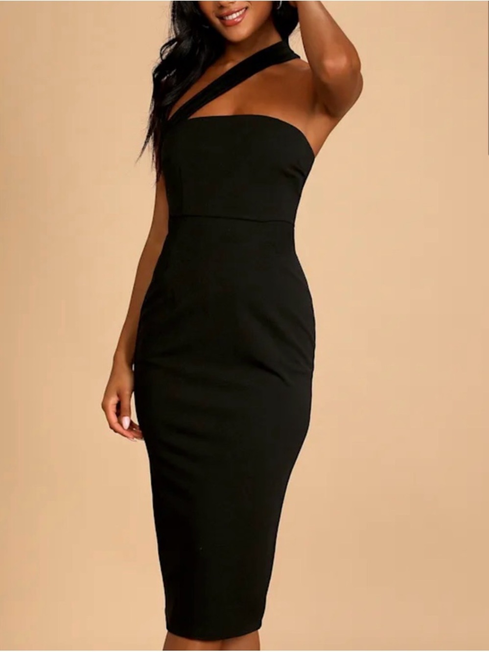 Black One-Shoulder Midi Dress